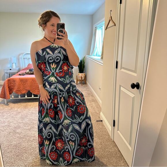 De Loreta Blue Halter Floral Red Maxi Dress XS - Picture 3 of 9